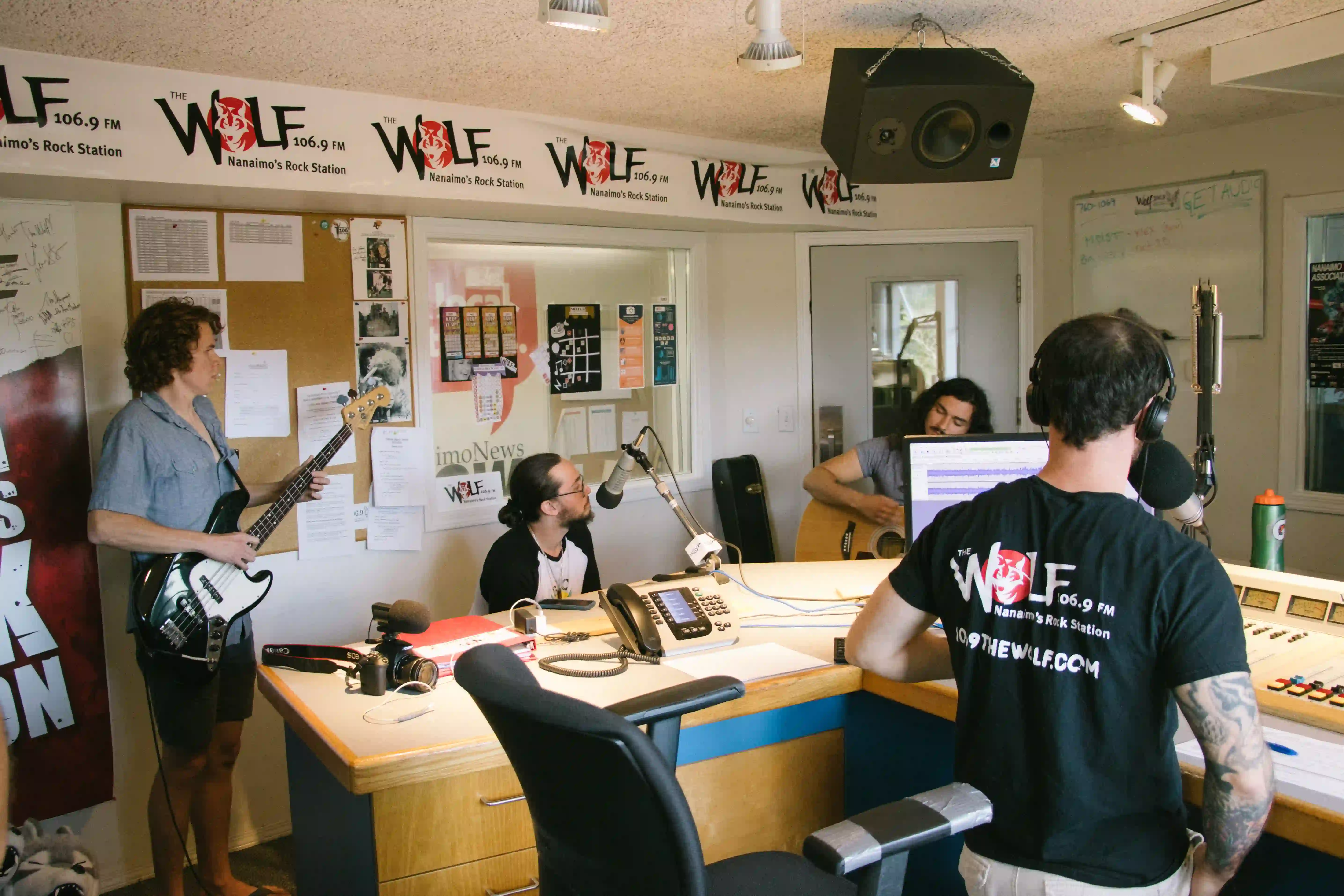 band playing in radio station sound room